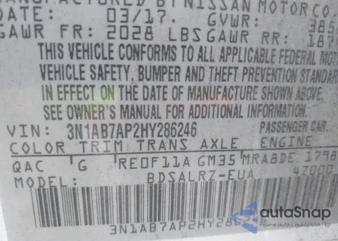 2017 Nissan Sentra Sr из США, поврежденный, VIN 3N1AB7AP2HY286246